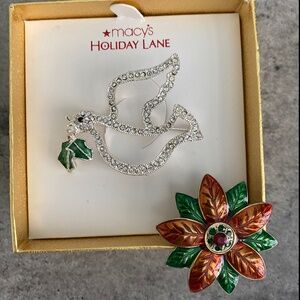 Set of 2 Christmas Pins Brooches Poinsettia and Dove